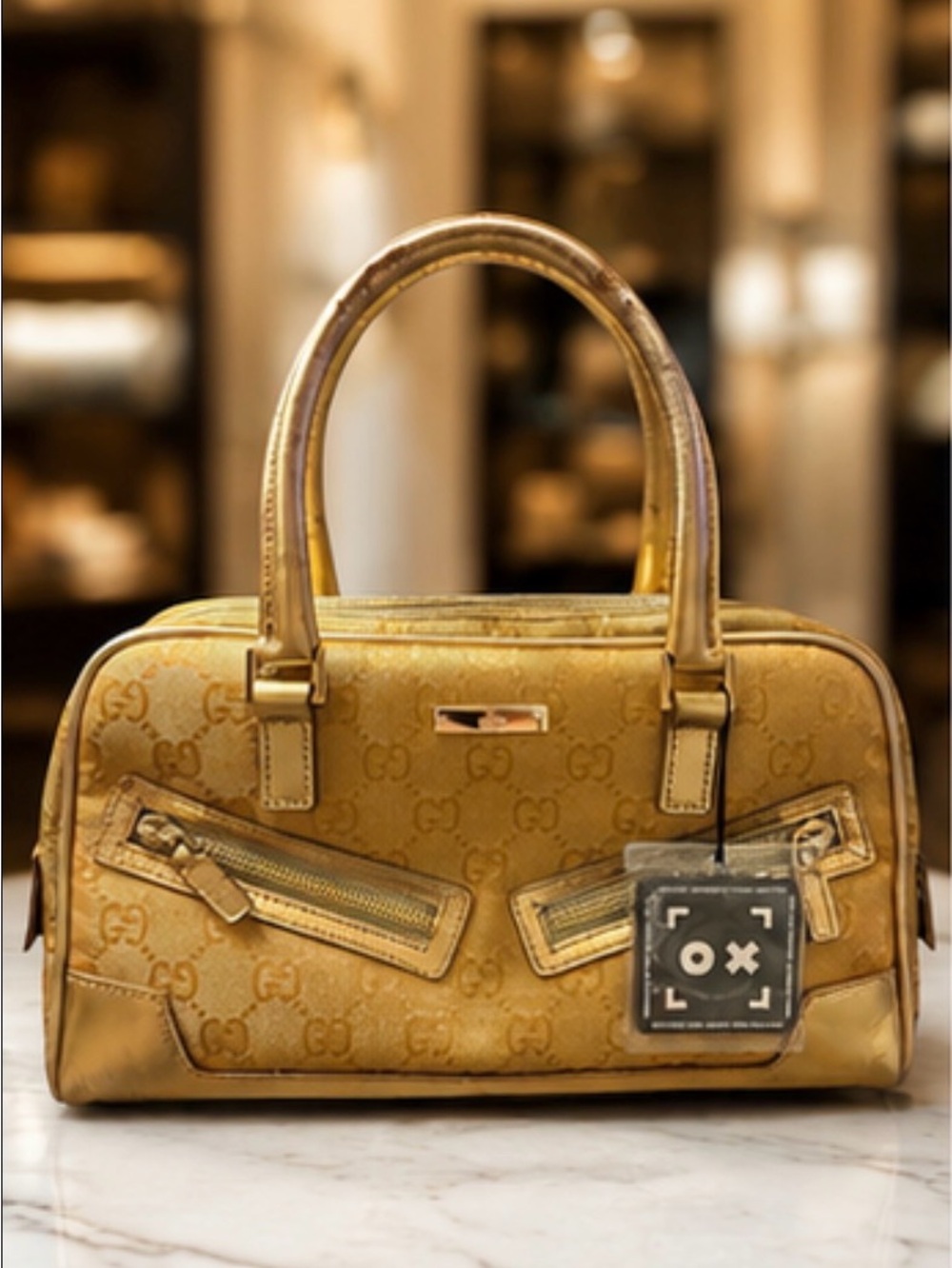 Authentic Gucci Gold GG Canvas Bowler Satchel Metallic & Leather Handbag